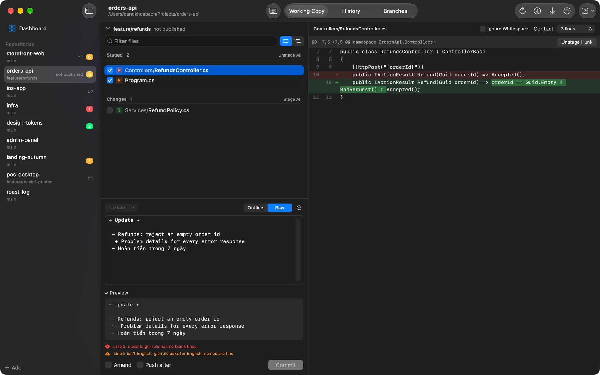 DKB Source Control: Messages in your format, checked as you type