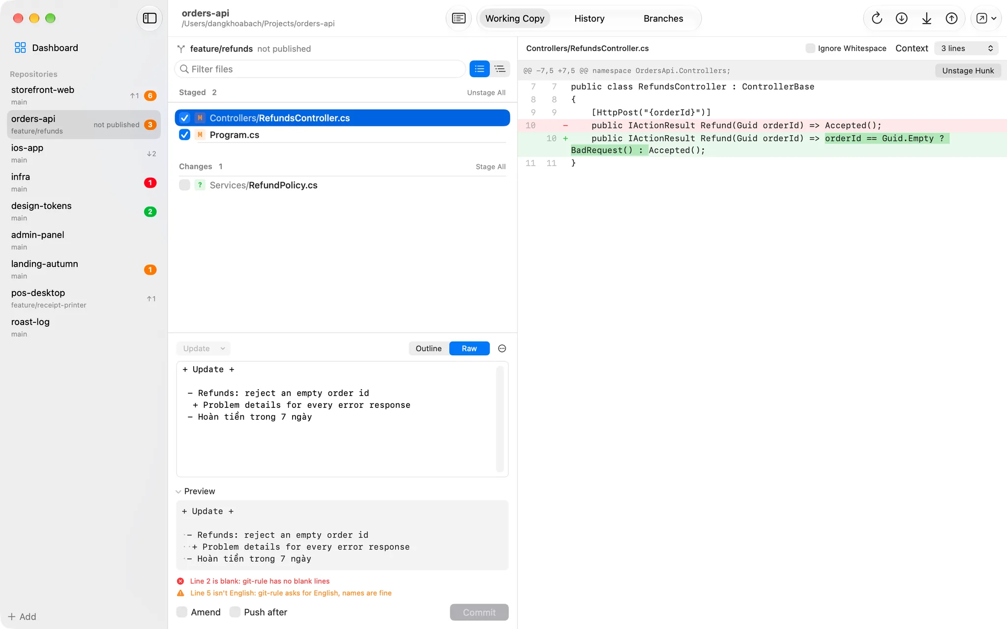 DKB Source Control: Messages in your format, checked as you type